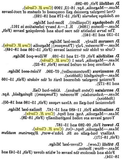 Color photograph of a printed page containing a list of species, identified by their Latin names and followed by brief descriptions. Next to five of the species is the name Cora H. Clarke in parentheses, highlighted in yellow.